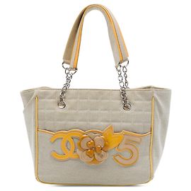 Sac Tote Chanel Beige CC Chocolate Bar Canvas Camellia No. 5 Beige