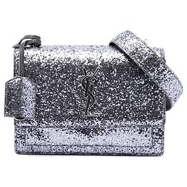 Saint Laurent Silver Small Glitter Leather Monogram Sunset Crossbody Plata