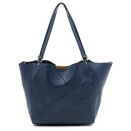 Burberry Blue Small Elephant Embossed Calfskin Check Canterbury Tote Blue Navy blue