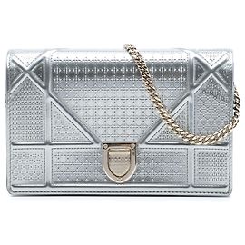 Dior Silver Metallic Patent Microcannage Diorama Wallet on Chain Silvery