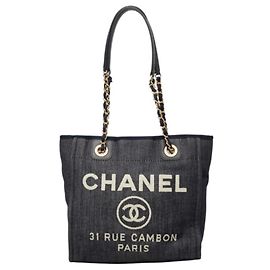 Saco Tote Chanel Coco Mark Deauville PM com Corrente Azul marinho