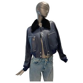 Louis Vuitton Navy Leather Bomber Jacket with Fur Collar Blue