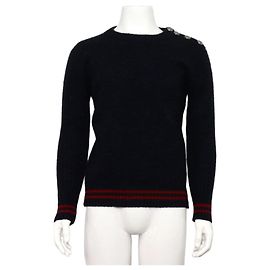 Balmain Navy Shoulder Button Red Stripe Mohair Men's Knit Sweater Blue