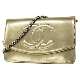 Chanel Metallic Gold Patent Leather Chain Shoulder Wallet Golden