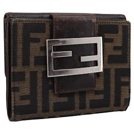 FENDI Zucca Canvas Bifold Wallet Black Brown Auth 197121 Brown Black