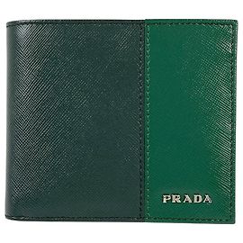 Prada Green Saffiano Leather Bi-Fold Wallet Green