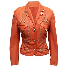 Vintage Orange Gianni Versace Lederjacke & Rock Set mit Nieten Größe US S Orange