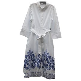 Zara Vestido largo blanco con bordados azules Blanco Azul