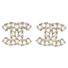 Chanel Silver CC Brass Strass Push Back Earrings Silvery