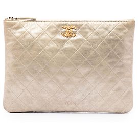 Chanel Gold Medium Quilted Metallic Calfskin Leaves CC O Case Clutch Golden
