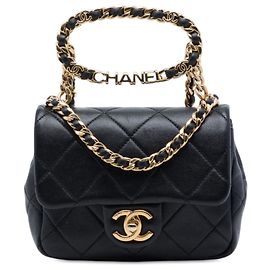 Chanel Black Mini Quilted Lambskin Oval Logo Chain Top Handle Flap Black