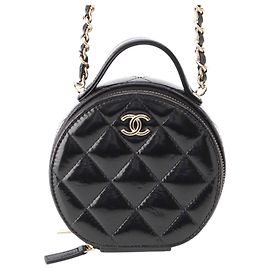 Chanel Vanity Case Round Handle With Care em pele de cordeiro vidrada matelassada preta com corrente Preto