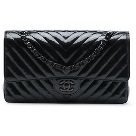 Chanel Black Medium Classic Chevron Patent So Black Double Flap Noir