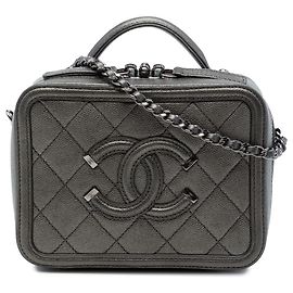 Chanel Vanity Case Small Metallic Caviar CC Filigree Cinza Marrom Cinza antracite