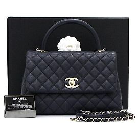 Chanel Borsa Tote Medium Caviar Coco Handle Dark Navy con Catena Champagne Gold Blu
