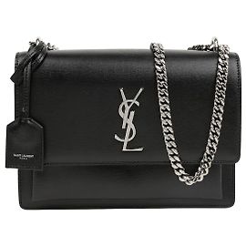 Saint Laurent Borsa a tracolla Sunset Medium in pelle liscia con catena Nero Argento Nero