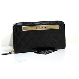 Chanel Logo Zip Long Wallet Black Black
