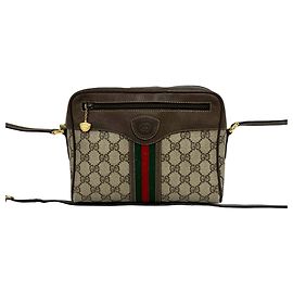 Bolsa de Ombro em Couro Gucci Vintage Sherry Line GG Logo Marrom Vermelho Verde