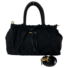 Prada Logo Hardware Rope Handle Shoulder Bag Black