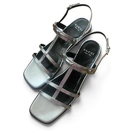 Gucci Silver Leather Strappy Sandals Silvery