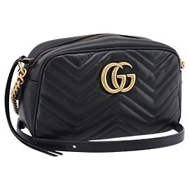 Bolsa de Ombro em Couro GUCCI GG Marmont com Corrente Preta e Dourada 447632 Auth am12299V Preto Outro