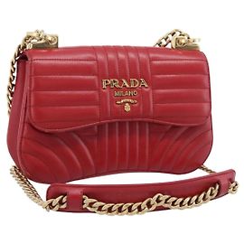 PRADA Diagram Chain Shoulder Bag Leather Red Gold Auth 197523V Red Golden