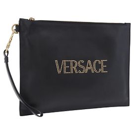 Bolsa de mão VERSACE em couro preto e dourado Auth BA15138A Preto Dourado