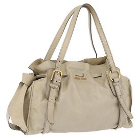 Miu Miu Tote Bag Vitello Lux Leather Beige Gold Auth 198369M Beige Golden