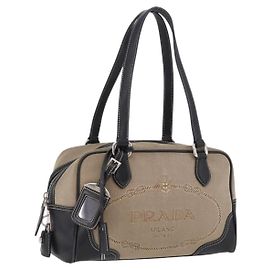 PRADA Tote Bag Canvas Beige Silver Auth 197022A Silber Beige