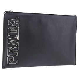 PRADA Clutch Bag Safiano Leather Black Silver Auth mr2853 Black Silvery