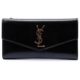Black Saint Laurent Smooth Shiny Calfskin Monogram Uptown Clutch Black