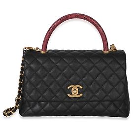 Chanel Black Quilted Caviar Lizard Medium Coco Top Handle Bag Black