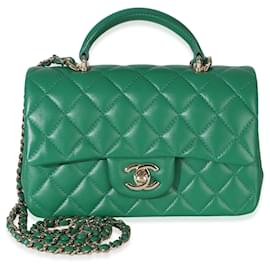 Bolsa Chanel Mini Top Handle Rectangular Flap em pele de cordeiro acolchoada verde Verde
