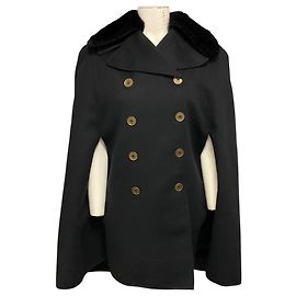 Fendi Black Double Breasted Wool Cape Coat with Mink Fur Collar Black