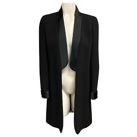 Chanel Black Silk Satin Trimmed Wool Tuxedo Style Coat with CC Logo Globe Buttons Black
