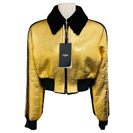 Fendi Gold Metallic / Brown FF Logo Trimmed Crinkled Lambskin Leather Cropped Zip Front Jacket with Black Lamb Shearling Lining Golden