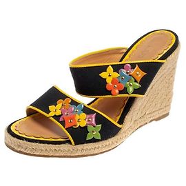 Sandali espadrillas con zeppa Louis Vuitton in tela nera con decorazioni floreali Nero Multicolore