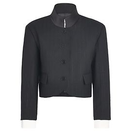 Sandro Black Pinstripe Cropped Jacket with Satin Collar Black