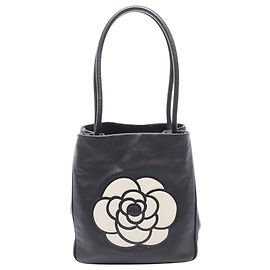 Chanel Black Lambskin Embossed Camellia Logo Tote Black