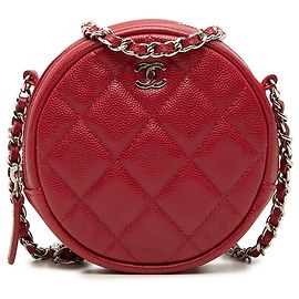 Chanel rote gesteppte Caviar Round Clutch mit Kette Rot
