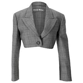 Miu Miu Prince Of Wales Cropped Blazer in Grey Wool Grey