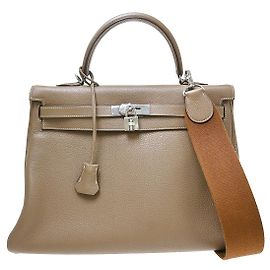Hermès Kelly Etoupe Clemence com Hardware Palladium 35 Bege