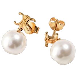 Céline Triomphe Pearl Earring in Brass with Gold Finish White