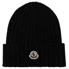 Moncler Logo Patch Wool Beanie Black Black