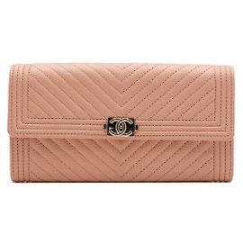 Chanel Carteira Longa com Aba para Mulher Boy em Couro Caviar Rosa e Ouro Rosa