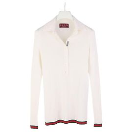 Gucci Besticktes Polohemd aus Kaschmir und Seide Weiß Weiß