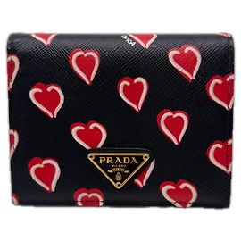 Prada Saffiano Triangle Bi-fold Wallet Black Red
