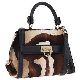 Sac Salvatore Ferragamo Gancini Sofia en cuir Harako 2 voies Marron Or Auth 196922A Marron Doré
