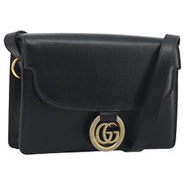 Bolsa de Ombro GUCCI em Couro Preta e Dourada 589474 Auth mr2812 Preto Dourado