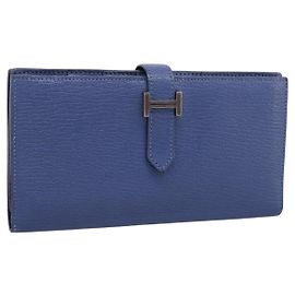 Hermès HERMES Bearn Soufflet Wallet Leather Blue Silver Auth 198789V Silvery Blue